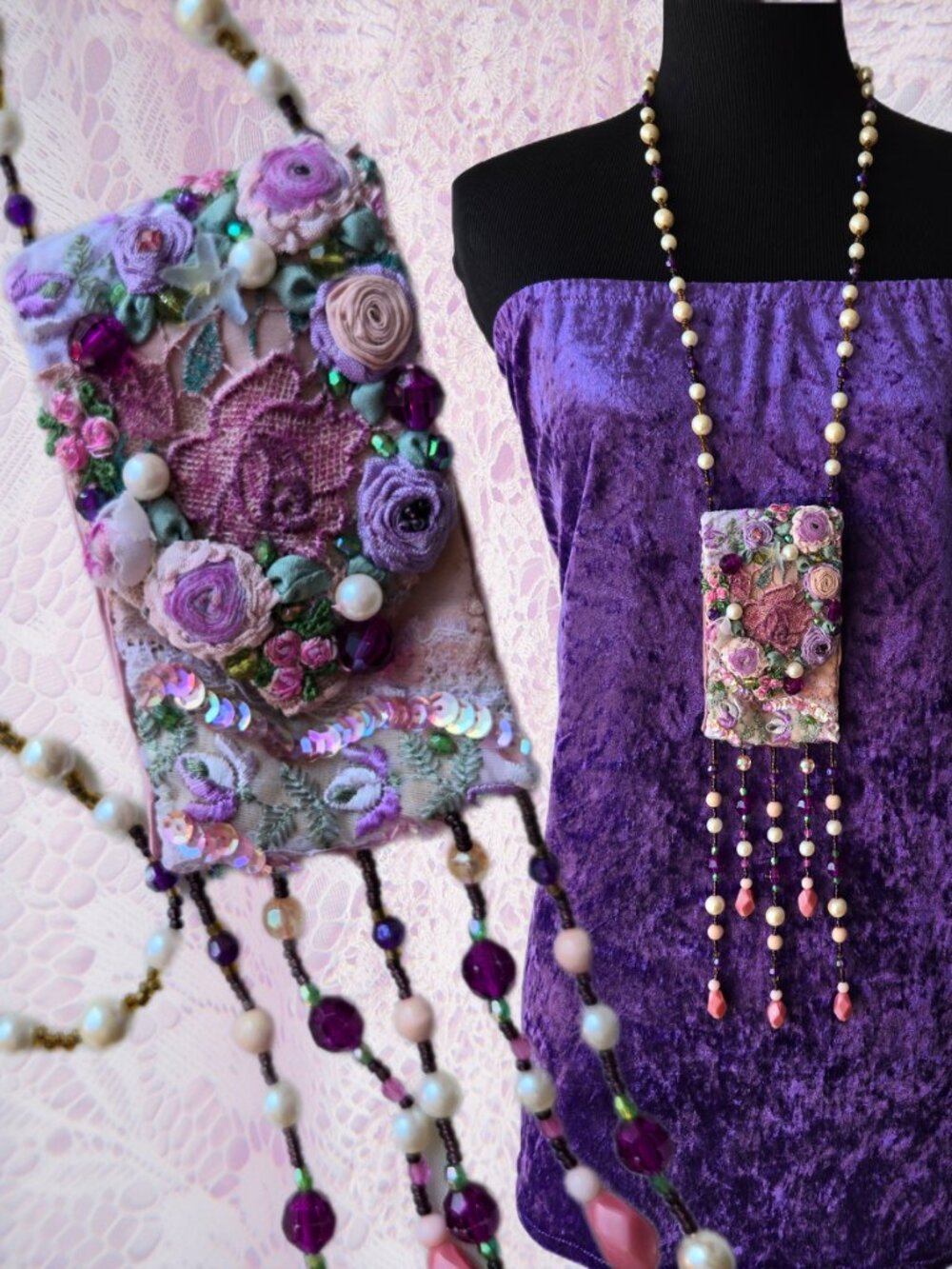 Handmade Romantic Victorian-Style Embroidered Rose Necklace Fairycore